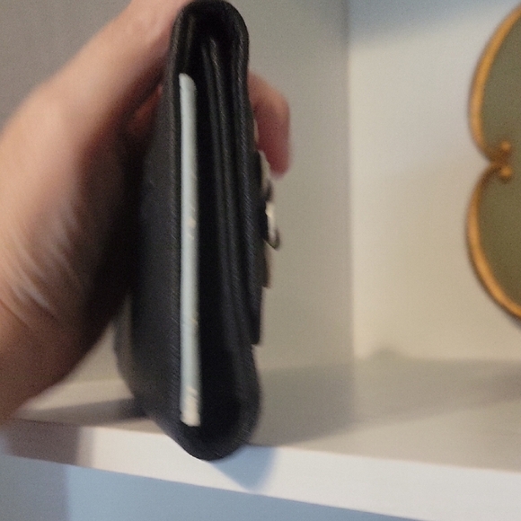 Tahari Black tri fold Clutch with Cream Floral Embellishments magnet close - Picture 3 of 6